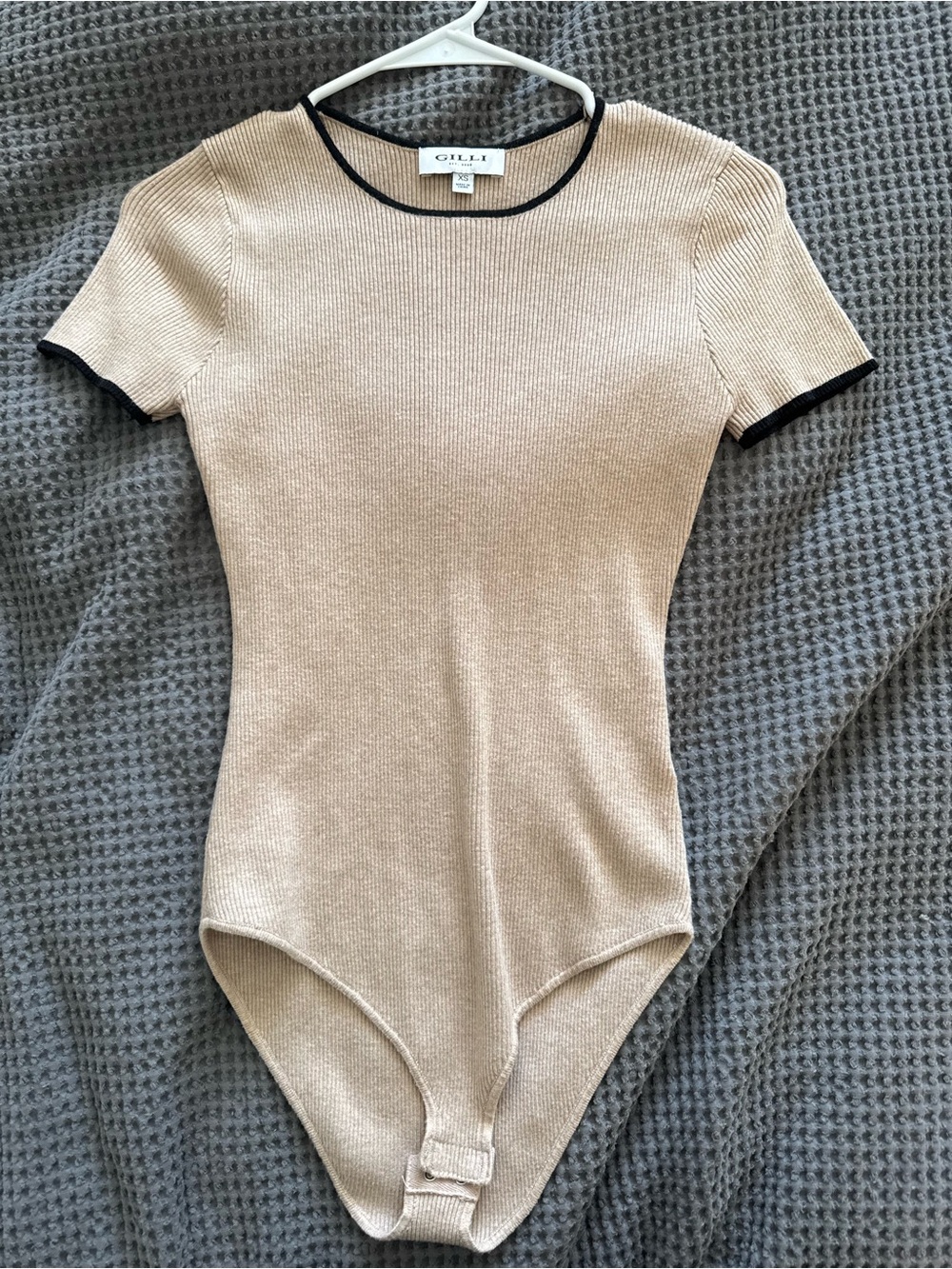 Gilli Beige Ribbed Short Sleeve Bodysuit with Black Trim